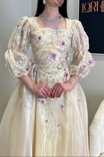 Floral Applique Puff Sleeve A-Line Gown