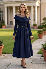 Illusion Neck Foldover Midi Dress with Belt