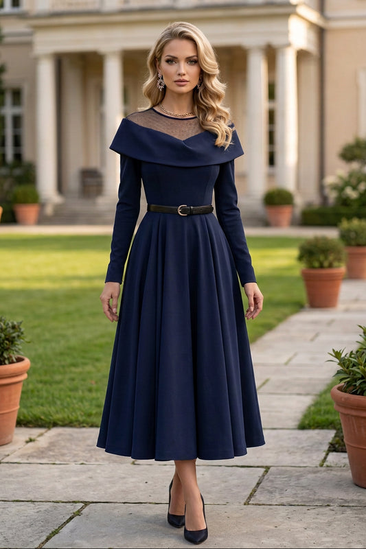 Illusion Neck Foldover Midi Dress with Belt