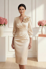 Satin Midi Dress with 3D Flower and Ruched Bodice