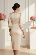 Satin Midi Dress with 3D Flower and Ruched Bodice