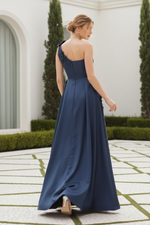 One-Shoulder Satin Gown with 3D Florals & Slit
