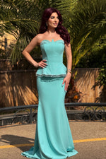 Strapless Peplum Mermaid Gown with Beaded Fringe