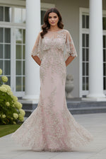 Illusion Lace Cape Sleeve Column Evening Gown