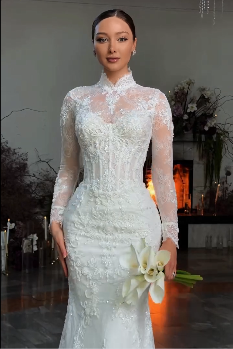 Long Sleeve High Neck Lace Mermaid Wedding Dress