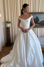 Off-the-Shoulder Pleated Bodice Ball Gown Wedding Dress