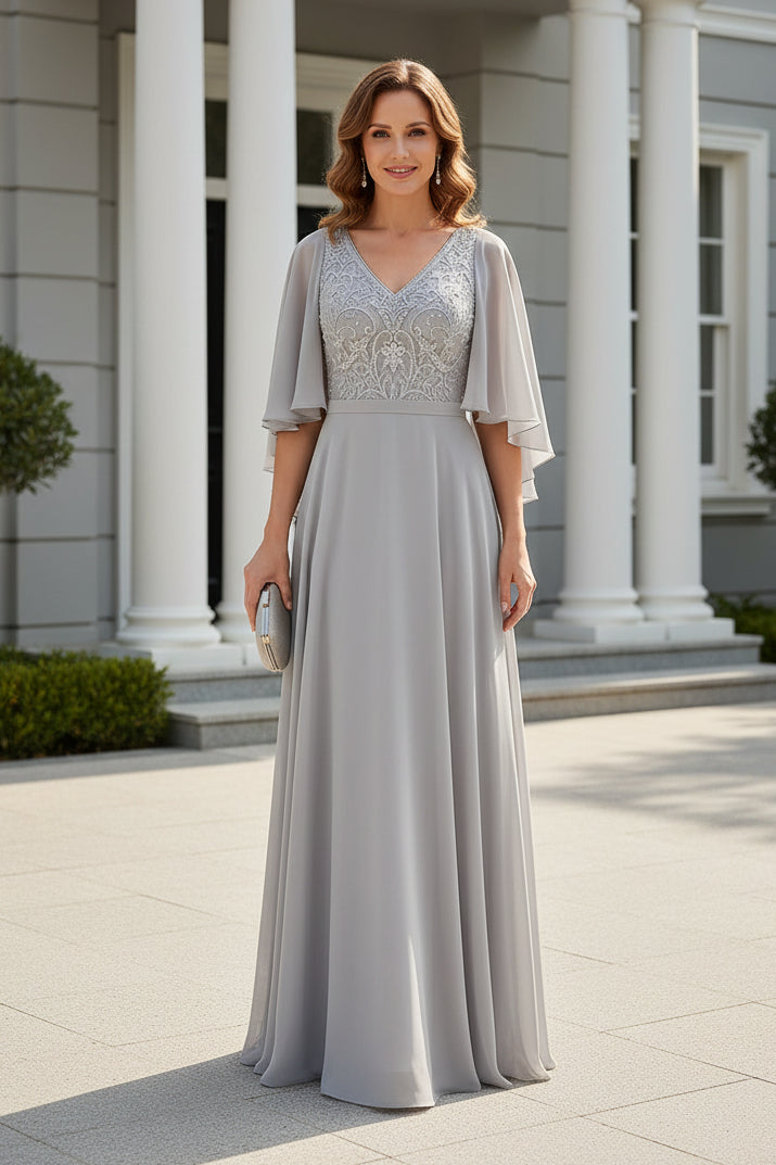 Embroidered V-Neck Cape Sleeve Evening Gown