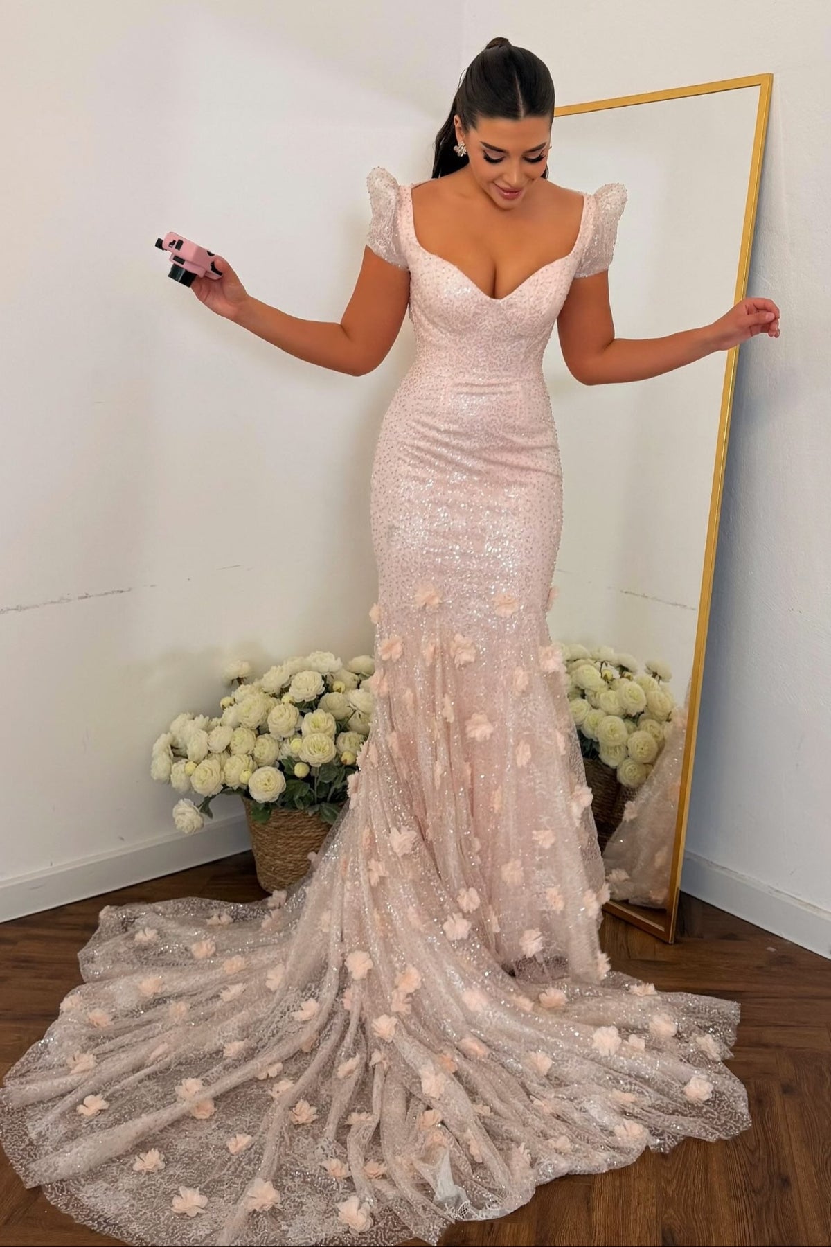 Sequined Mermaid Gown with 3D Floral Train