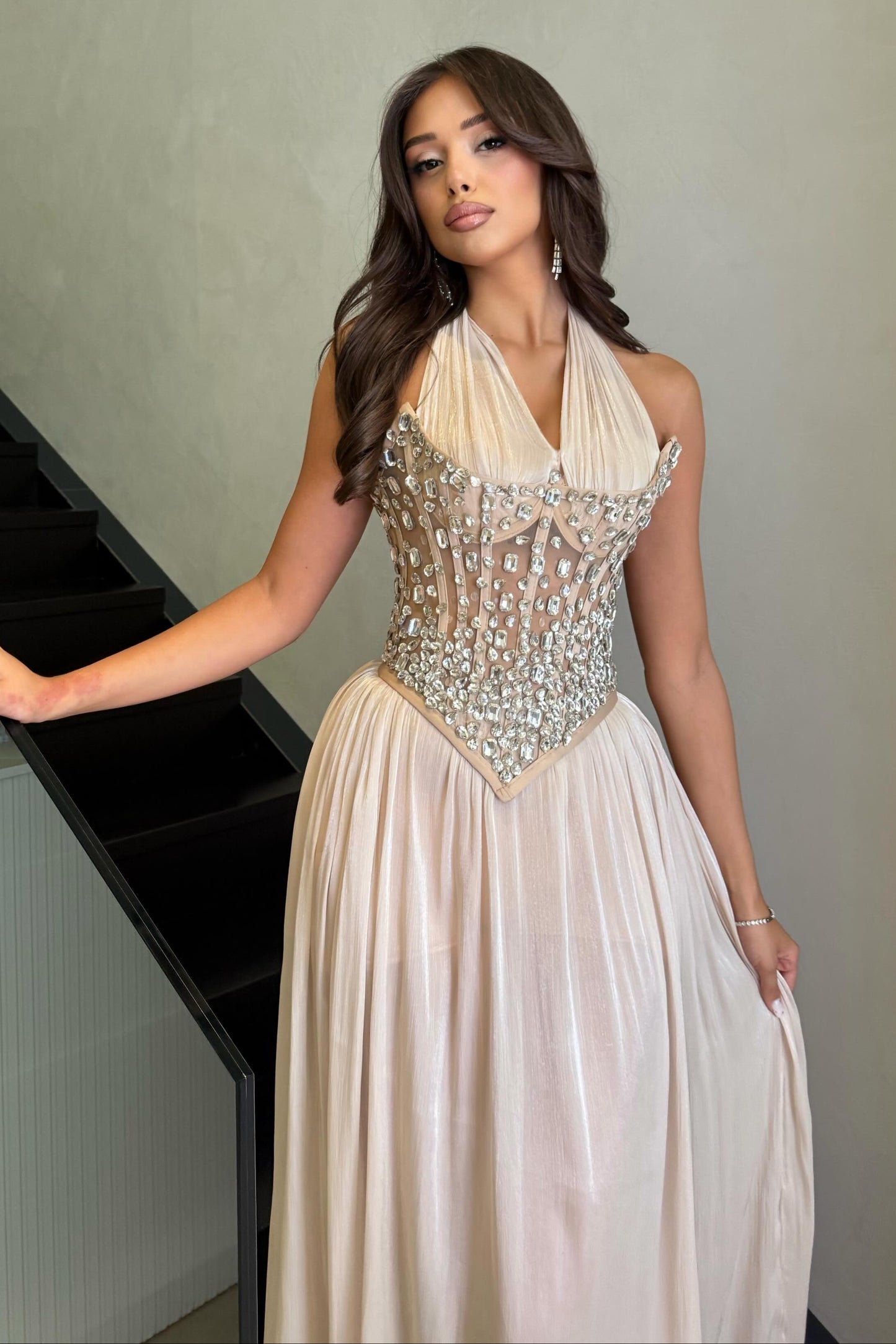 Halter Neck Crystal Corset Chiffon Evening Gown