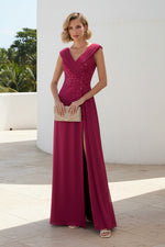 Sequin-Embellished V-Neck Gown with High Slit