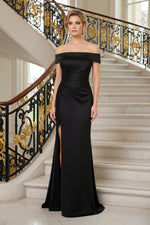 Off-the-Shoulder Beaded Ruched Gown with Slit