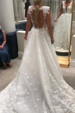 Plunging V-Neck Lace Applique A-Line Wedding Dress