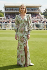 Floral Jacquard Long Sleeve Gown with Ruffle Slit