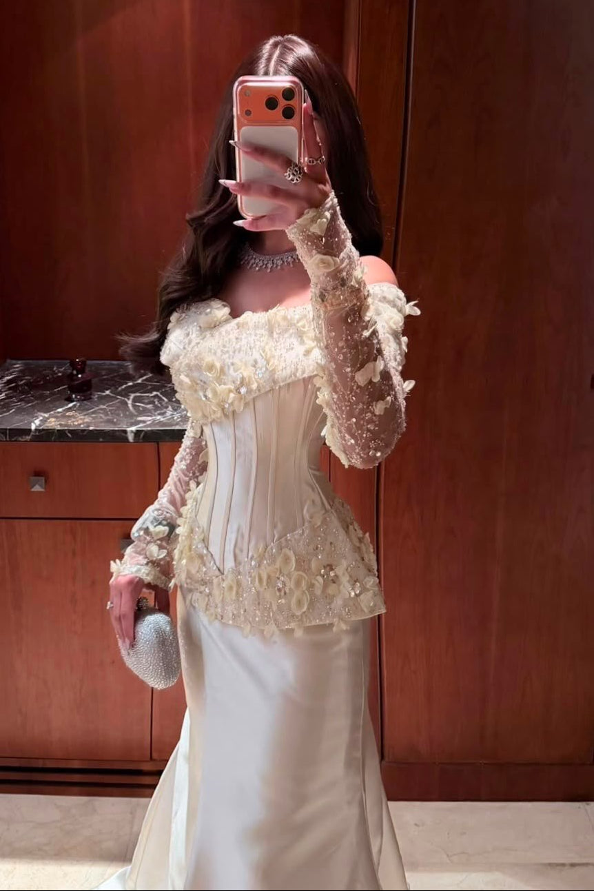 Off-Shoulder Corset Mermaid Gown with Floral Sleeves