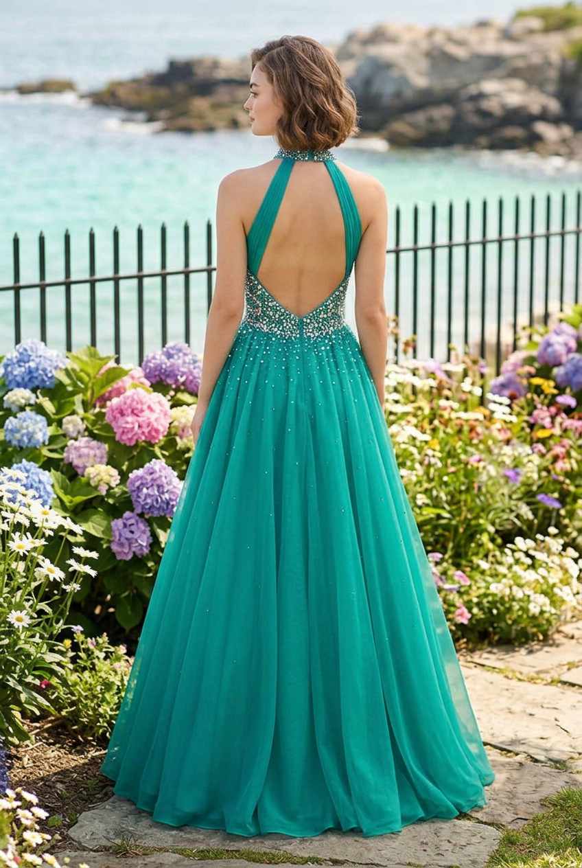 Halter Beaded Bodice Ball Gown with Train