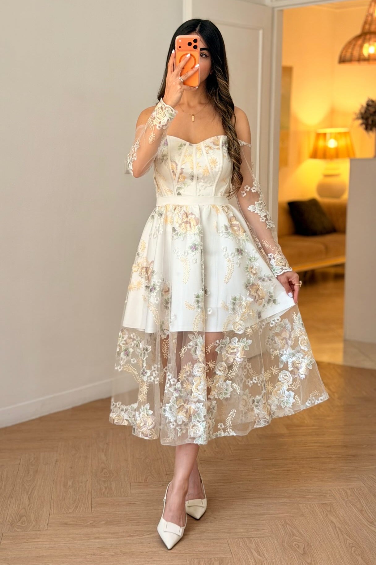 Off-the-Shoulder Floral Embroidered Midi Dress
