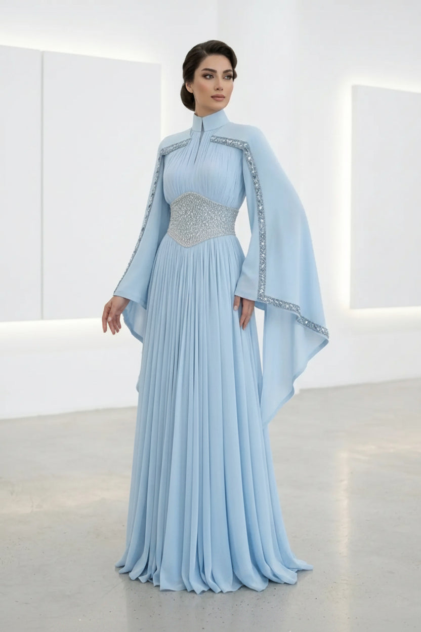 Beaded Waist Cape Sleeve Pleated Evening Gown