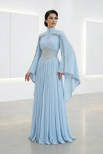 Beaded Waist Cape Sleeve Pleated Evening Gown