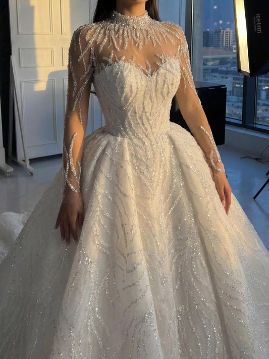 Illusion High Neck Beaded Ball Gown Wedding Dress
