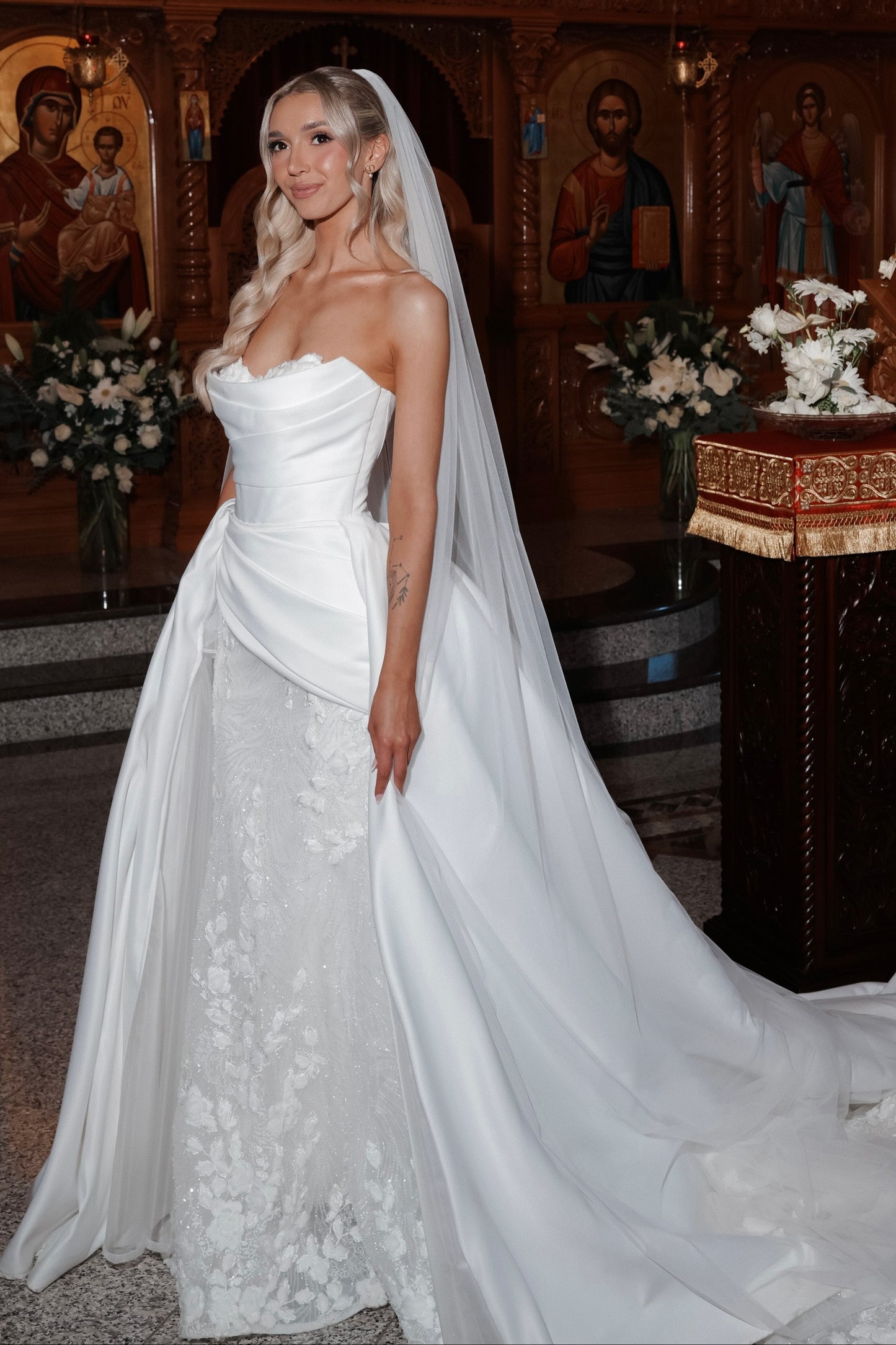 Strapless Ruched Wedding Dress with Overskirt