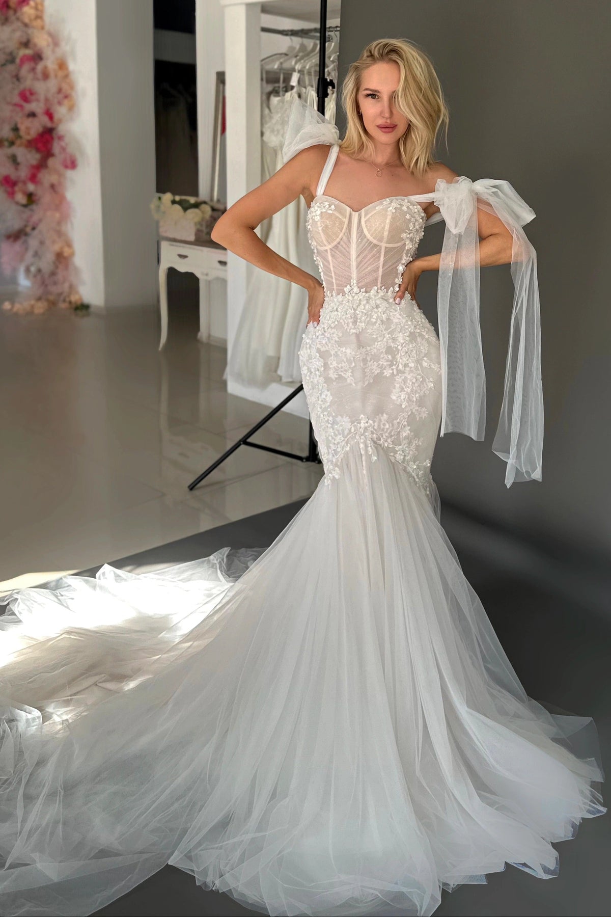 Corset Mermaid Tulle Wedding Dress with Bow Ties