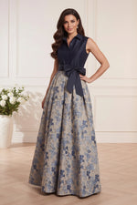 Sleeveless Collared A-Line Gown with Floral Jacquard Skirt
