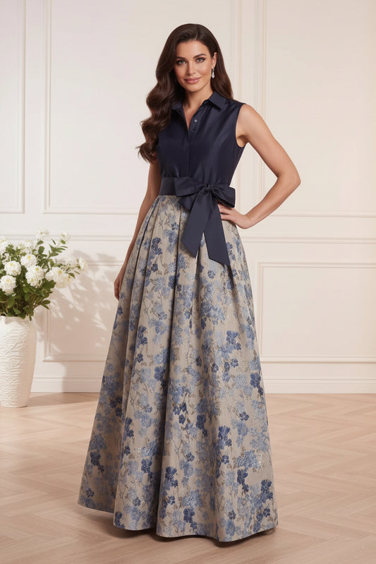 Sleeveless Collared A-Line Gown with Floral Jacquard Skirt