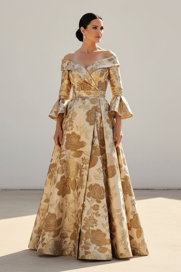 Off-the-Shoulder Jacquard A-Line Evening Gown