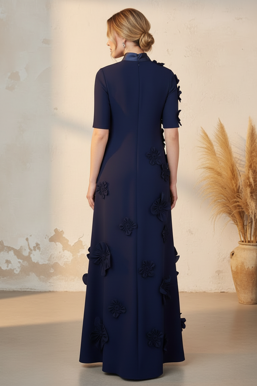 Elegant Navy Blue Column Formal Gown with 3D Florals and Tie Neck