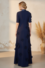 Elegant Navy Blue Column Formal Gown with 3D Florals and Tie Neck