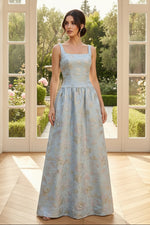Floral Jacquard A-Line Evening Gown with Square Neck