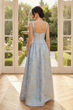 Floral Jacquard A-Line Evening Gown with Square Neck