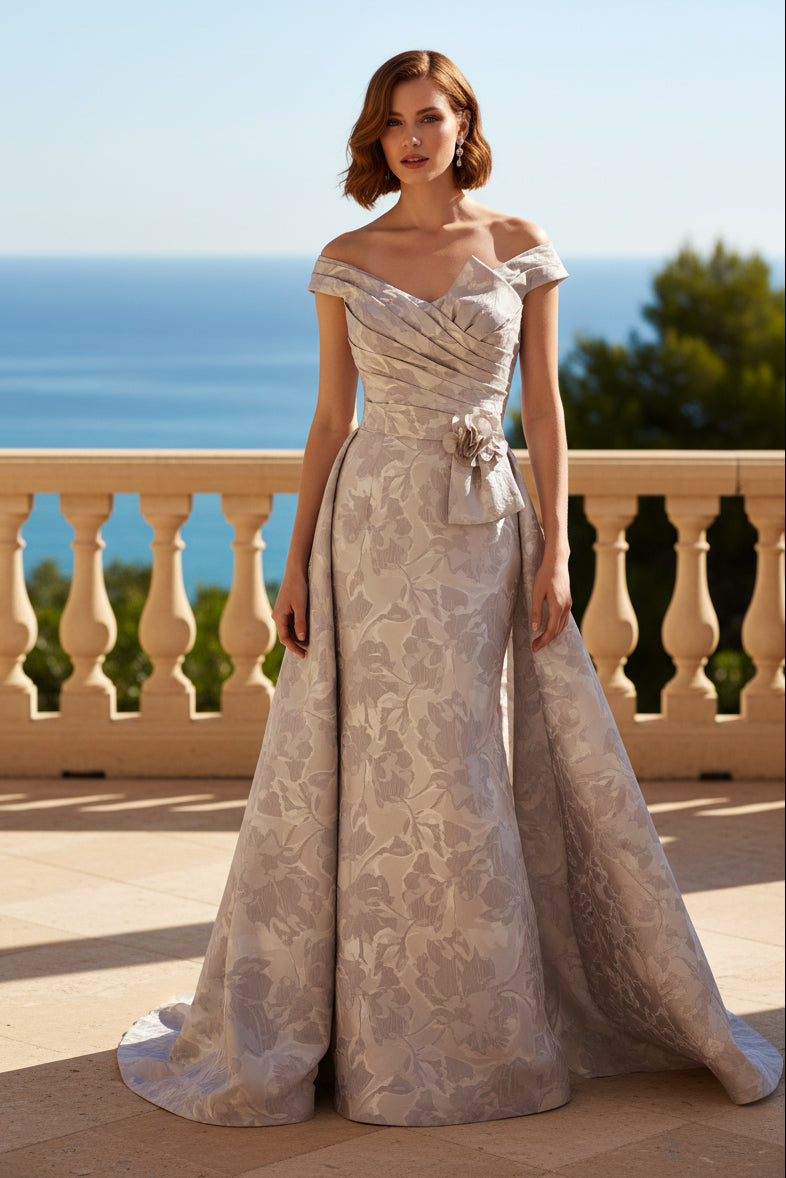 Off-the-Shoulder Floral Jacquard Gown