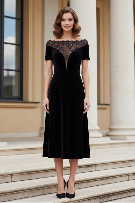 Velvet Midi Dress with Lace Illusion Neckline