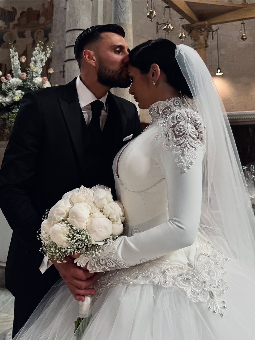 High Neck Lace Long Sleeve Ball Gown Wedding Dress