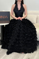 Halter Tiered Ruffle Evening Gown