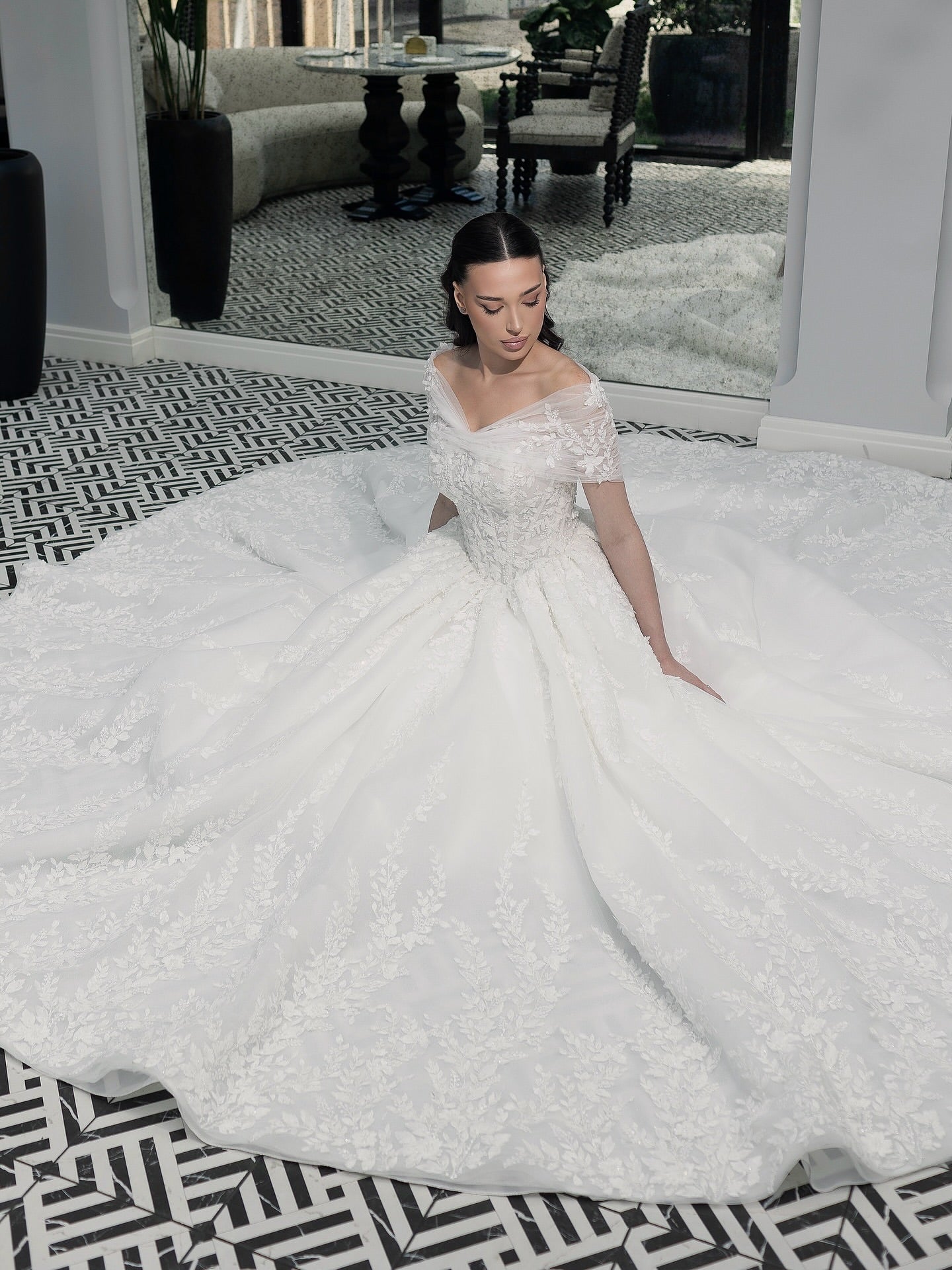 Off-The-Shoulder Lace Ball Gown Wedding Dress
