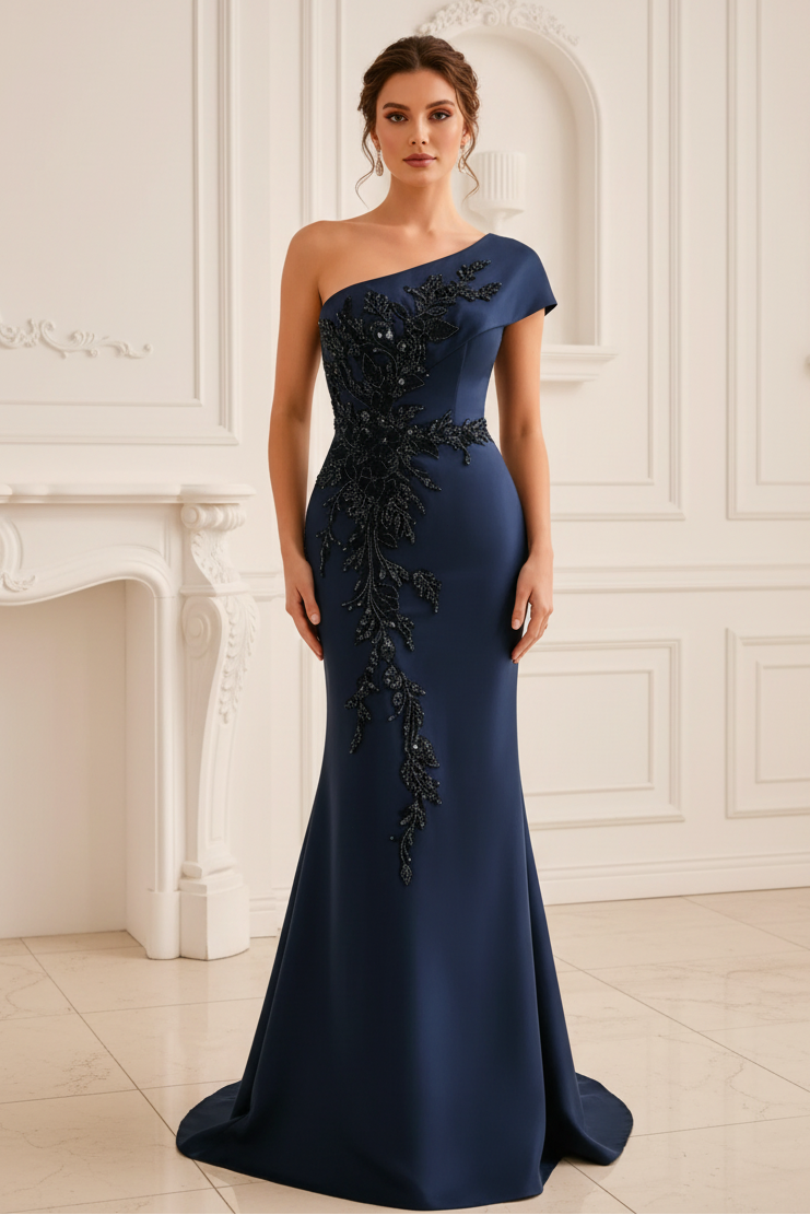 One-Shoulder Beaded Mermaid Evening Gown