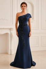 One-Shoulder Beaded Mermaid Evening Gown
