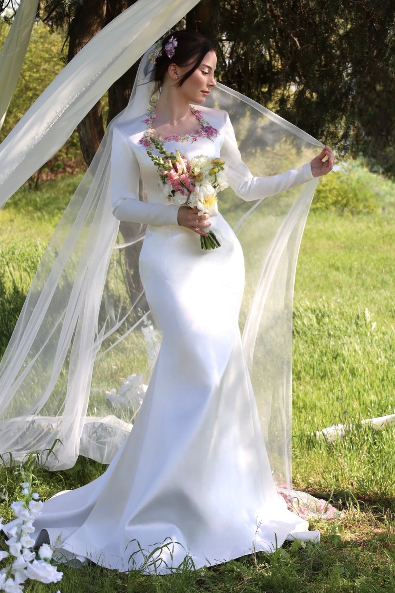 Embroidered Square Neck Long Sleeve Wedding Dress