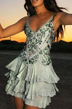 Embellished V-Neck Tiered Ruffle Mini Dress
