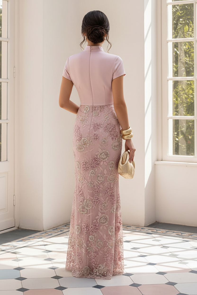 Floral Embroidered Column Gown