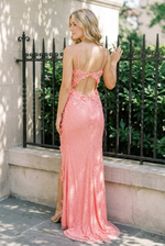 3D Floral Applique Slit Gown with Low Back