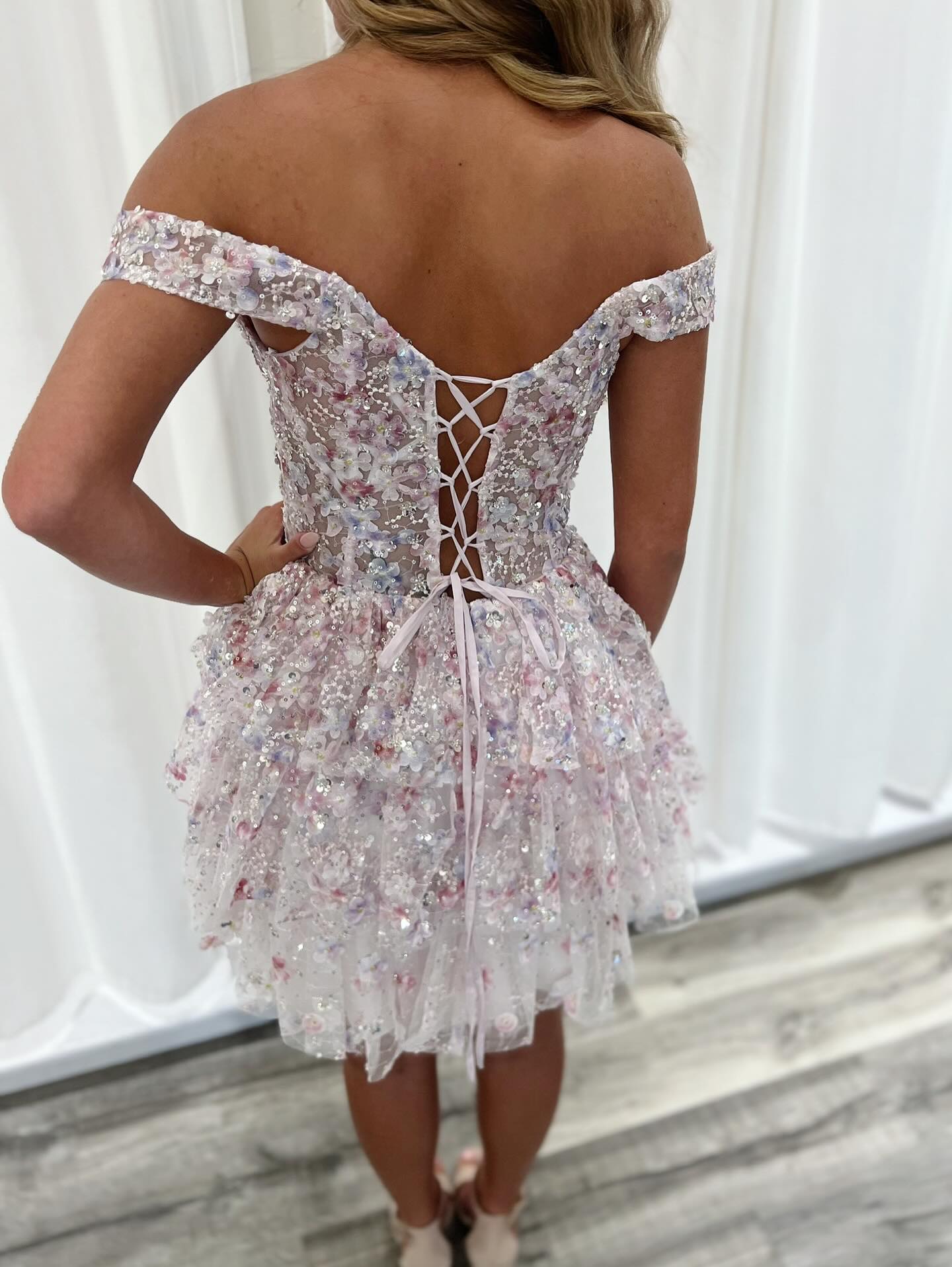 Tiered Off-the-Shoulder 3D Floral Mini Dress