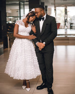 Vintage Lace Tea-Length Wedding Dress with 3D Flowers
