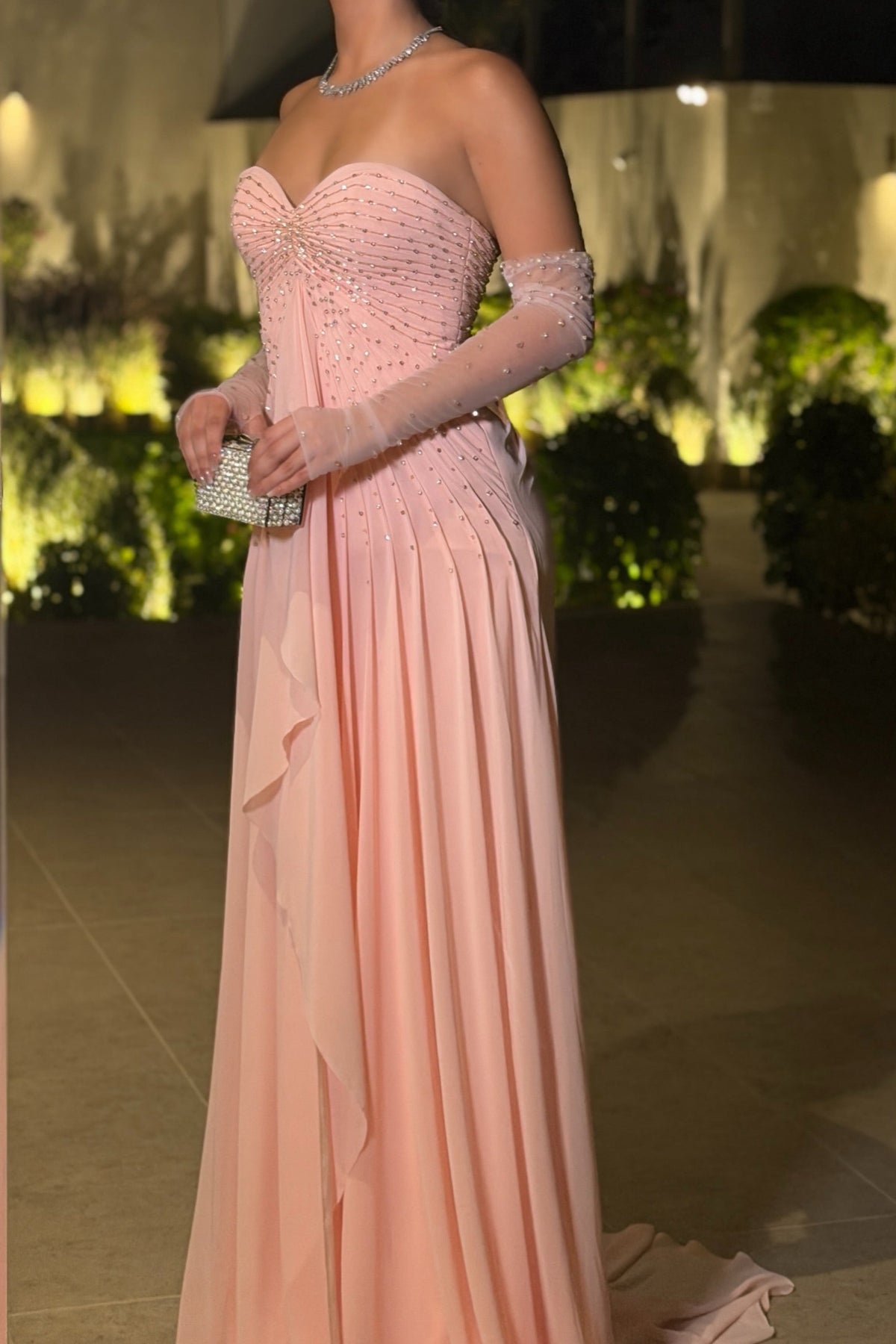 Strapless Beaded Evening Gown with Matching Gloves