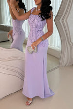 Square Neck Beaded Peplum Two-Piece Evening Gown