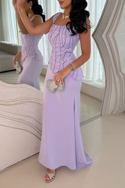 Square Neck Beaded Peplum Two-Piece Evening Gown