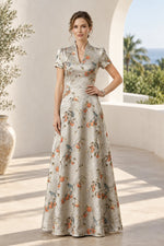 Floral Jacquard A-Line Maxi Dress with Puff Sleeves