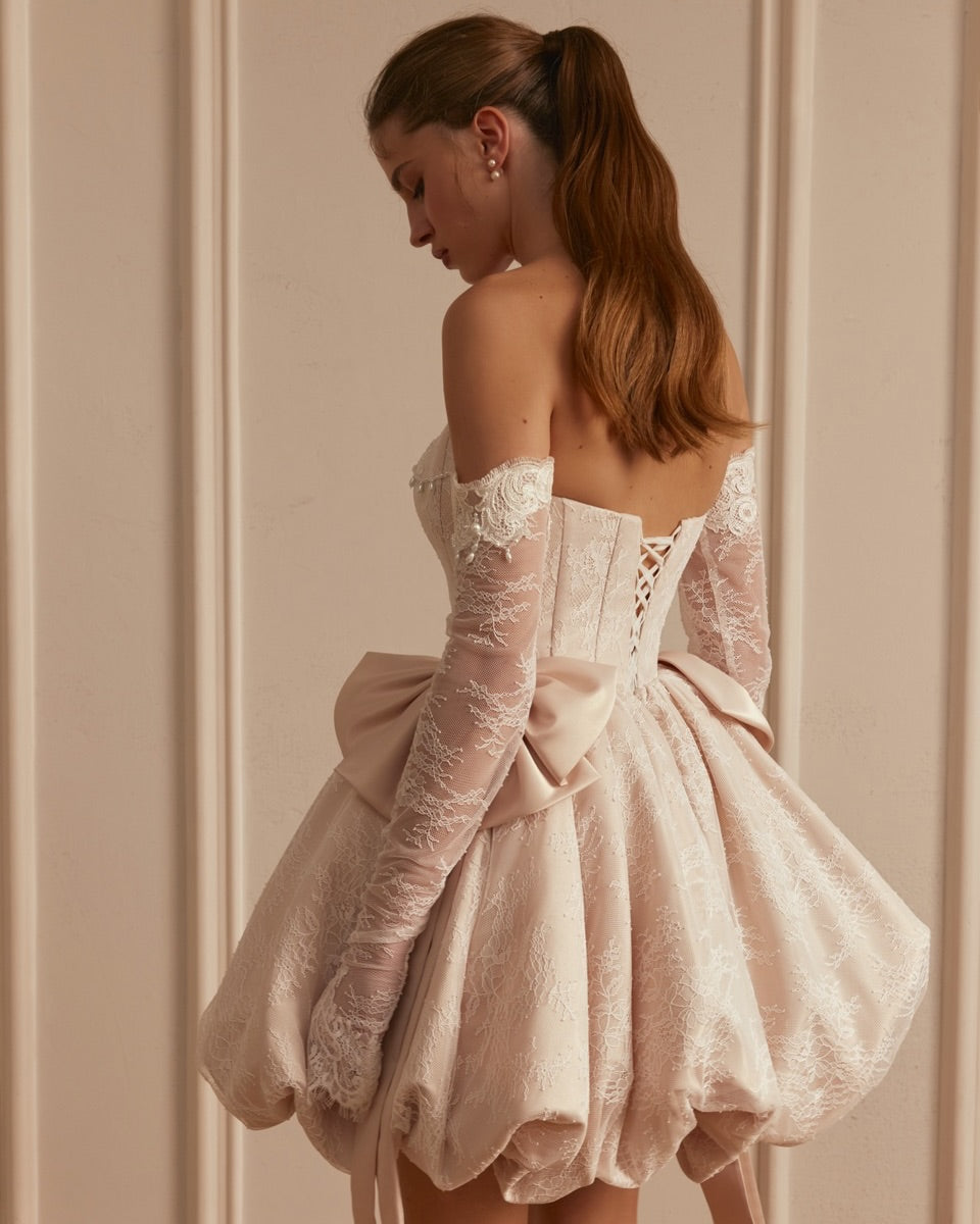 Strapless Lace Bubble Mini Wedding Dress